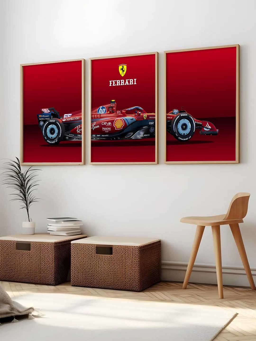WALLLANE Red And Blue 3 Pieces Wooden Sports Car Framed Wall Photographs