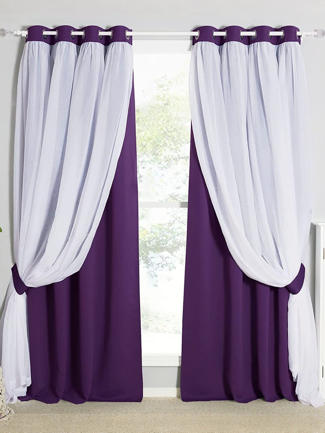 BFAM Purple & White 2 Pieces Black Out Thermal Insulated Window Curtains