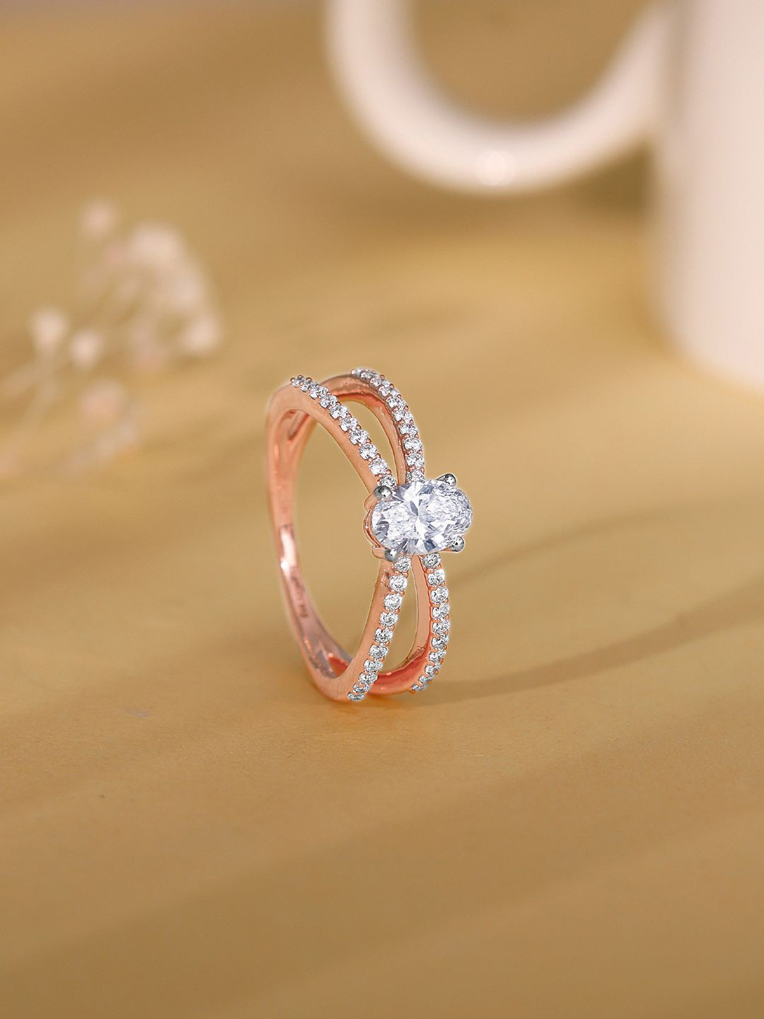 GIVA Women 18KT BIS Hall Mark Rose Gold Dreamboat Diamond Ring-3.86 gms