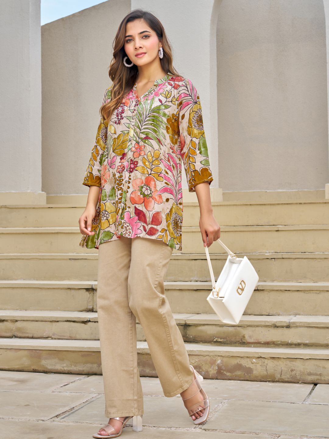 Kaftanize Mandarin Collar Floral & Leaf Printed with Sequin & Beads Work Details Tunic