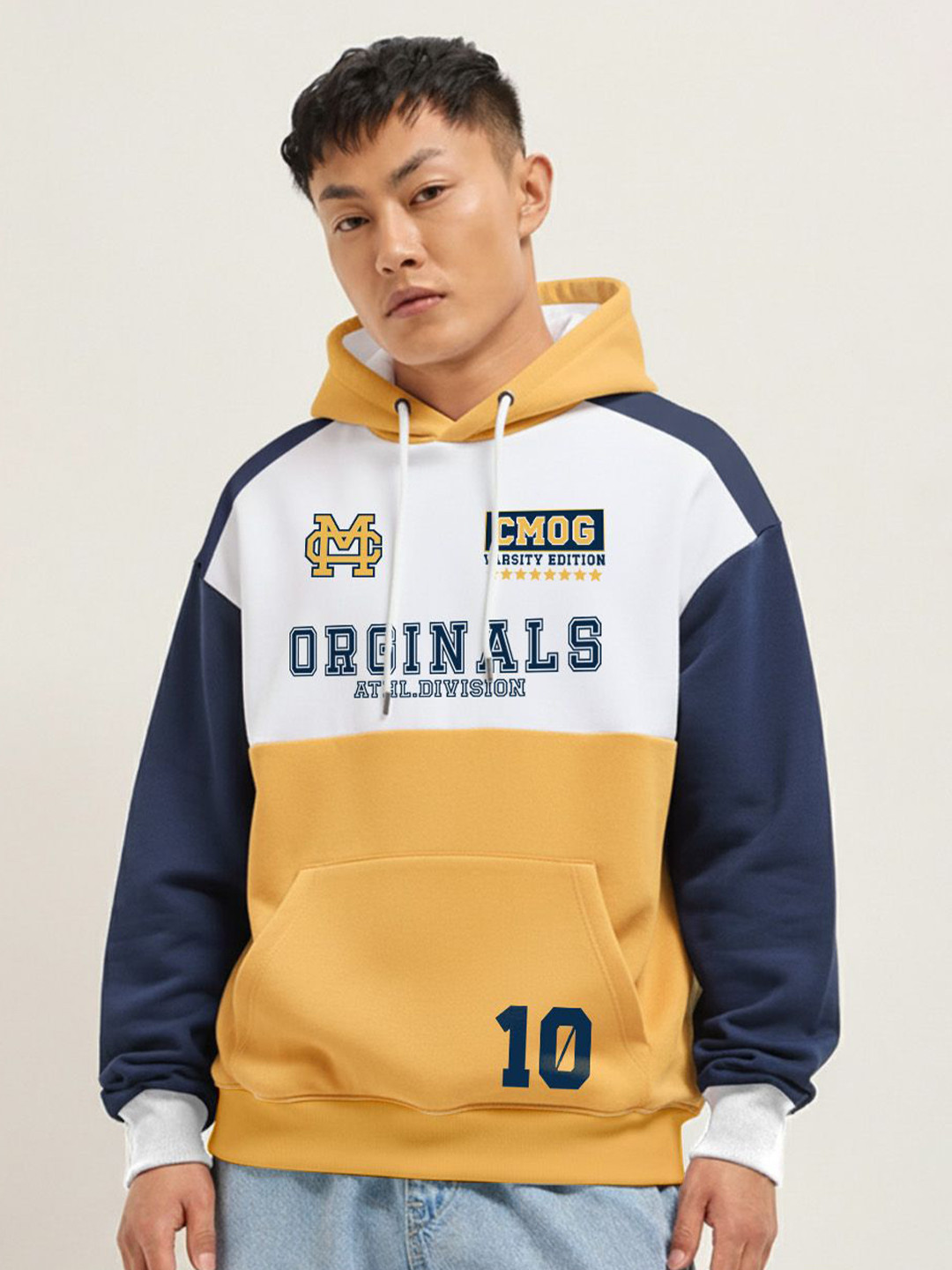 Crazymonk Men Yellow White & Navy Blue CM Versity Oversized Pullover Hoodie