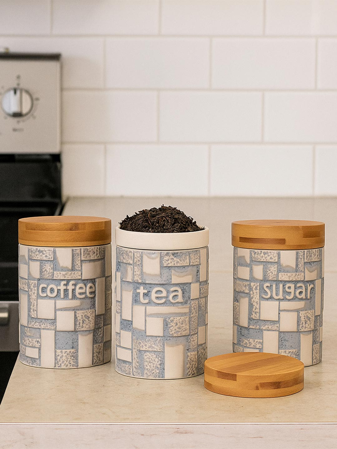 AARVI DECOR STUDIO Set of 3 Ceramic and Wooden Jar Containers