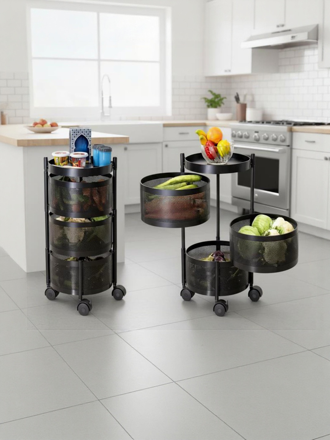 JD FRESH Black 3 Pieces Super Strong Round Kitchen Trolley
