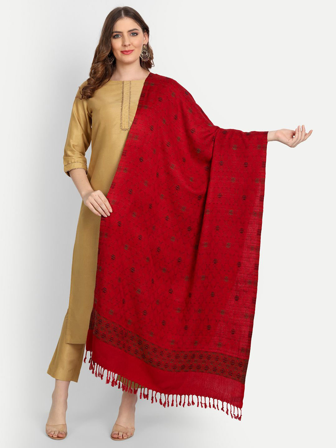 Hemkunt Fabric Women Pashmina Woven Design Stole With Tasselled