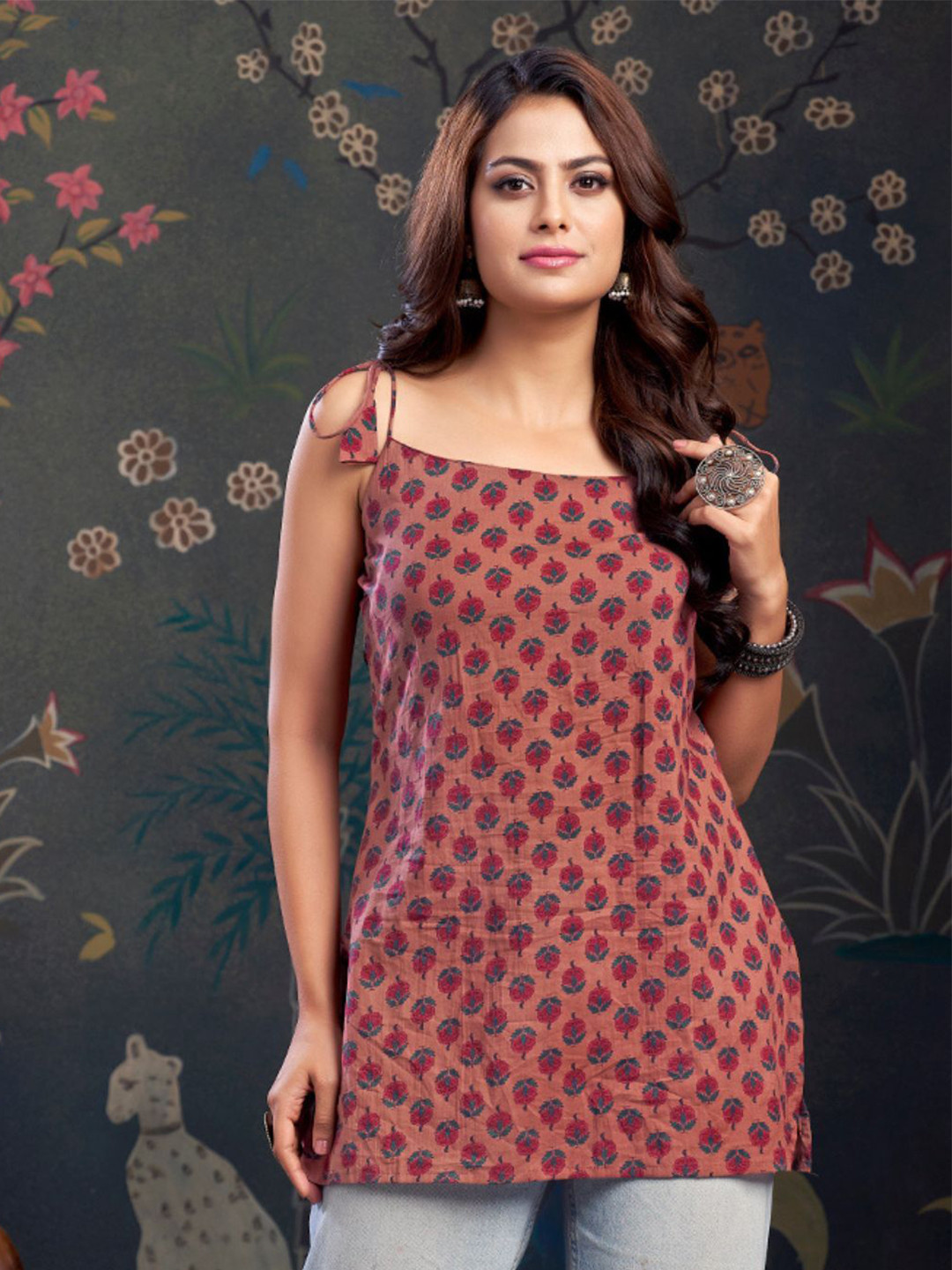 Kaftanize Floral Color Short Kurti With Tie-Knot Shoulder