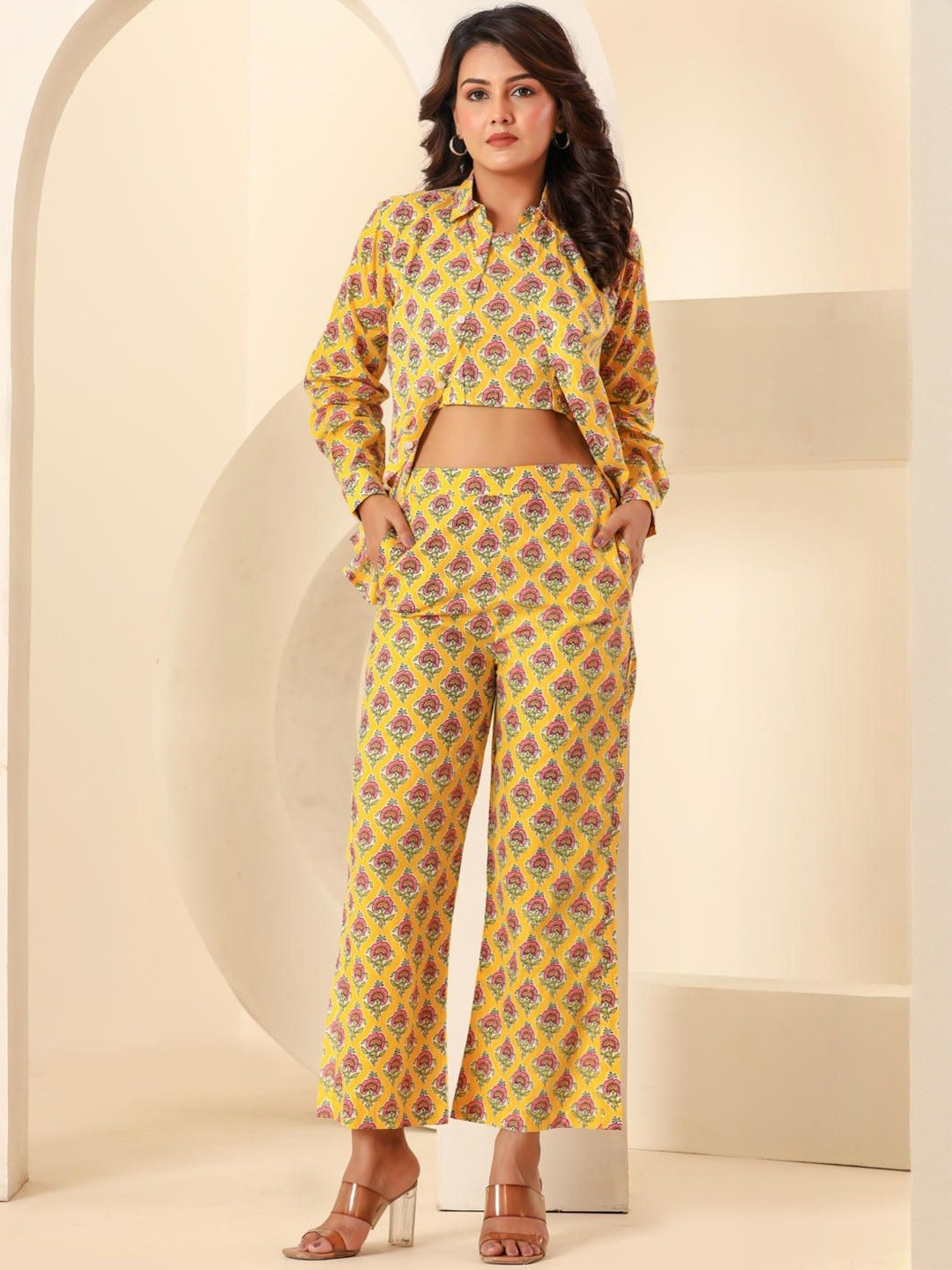 Sol Studio Floral Printed Pure Cotton Shirt Collar Shirt & Crop-Top With Palazzos