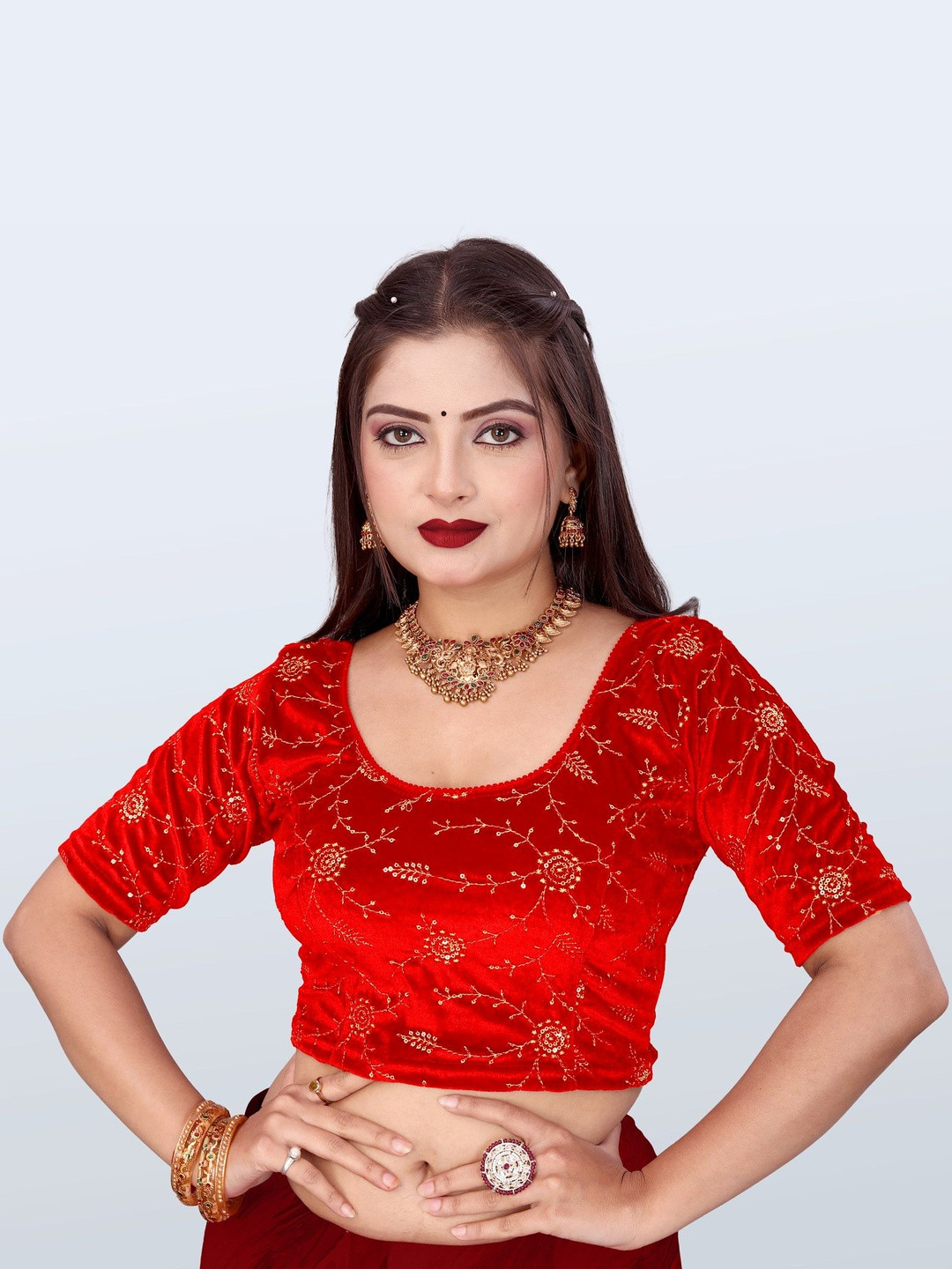 PU FASHION Women Red Velvet Embroidered Stretchable Readymade Saree Blouse
