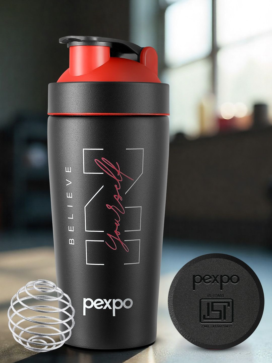 Pexpo Kayo Plus Black & Red Printed Stainless Steel Single Wall Vacuum Gym Shaker-800 ml