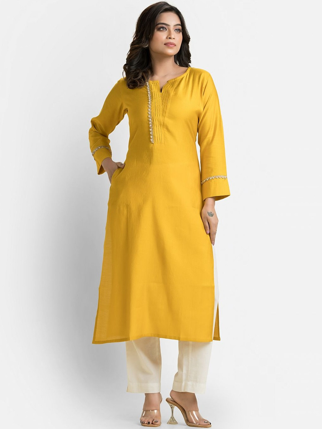 Crazy Needle Notch Neck Three-Quarter Sleeves Straight Kurta