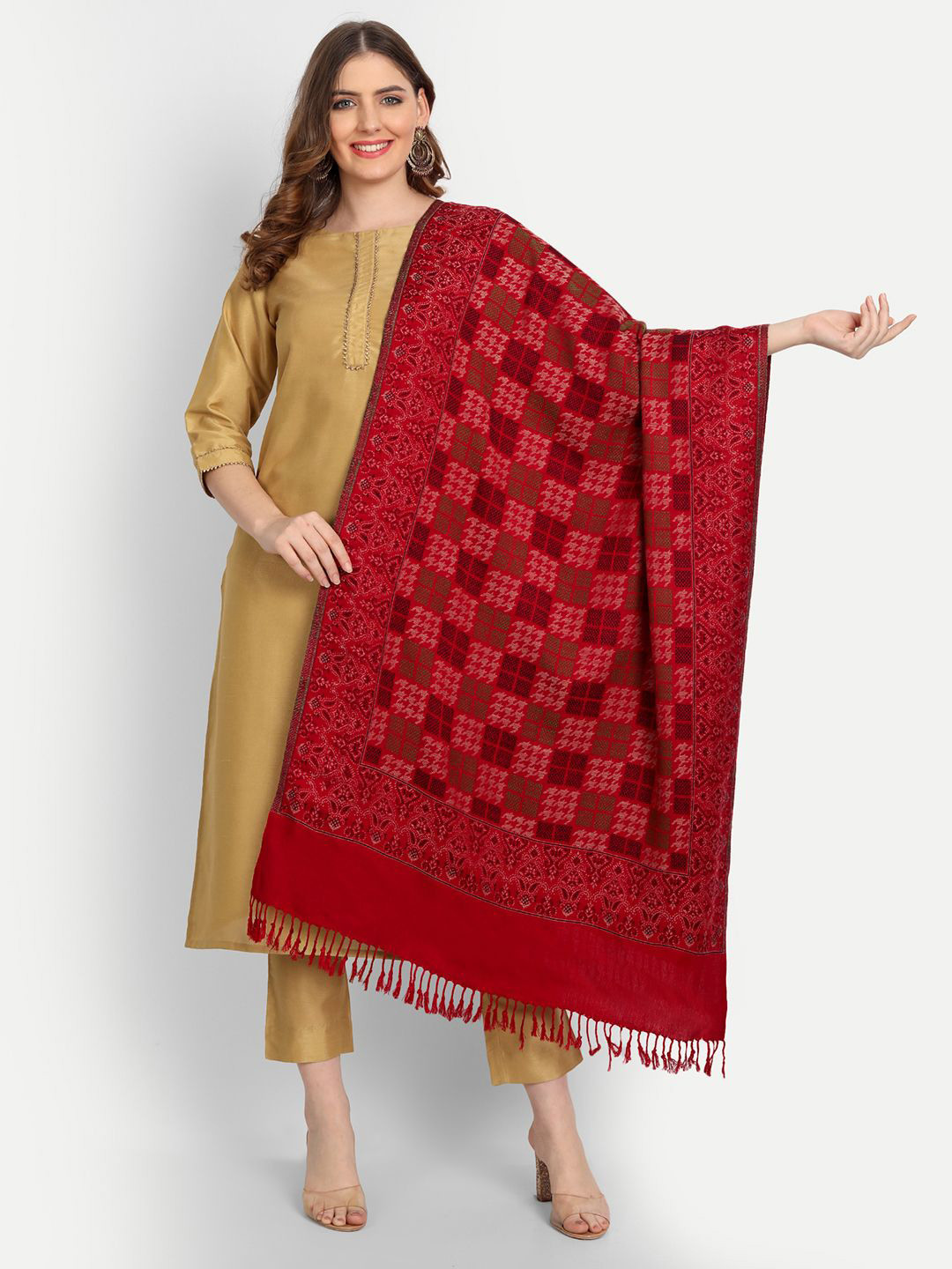 Hemkunt Fabric Women Geometric Woven Design Stole With Tasselled