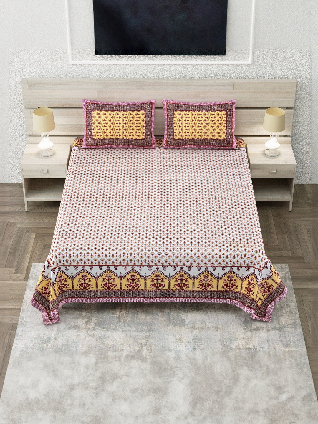 SP DESIGNS Pink & Yellow Floral Pure Cotton 240 TC Super King Bedsheet Set-2.74 m X 2.74 m