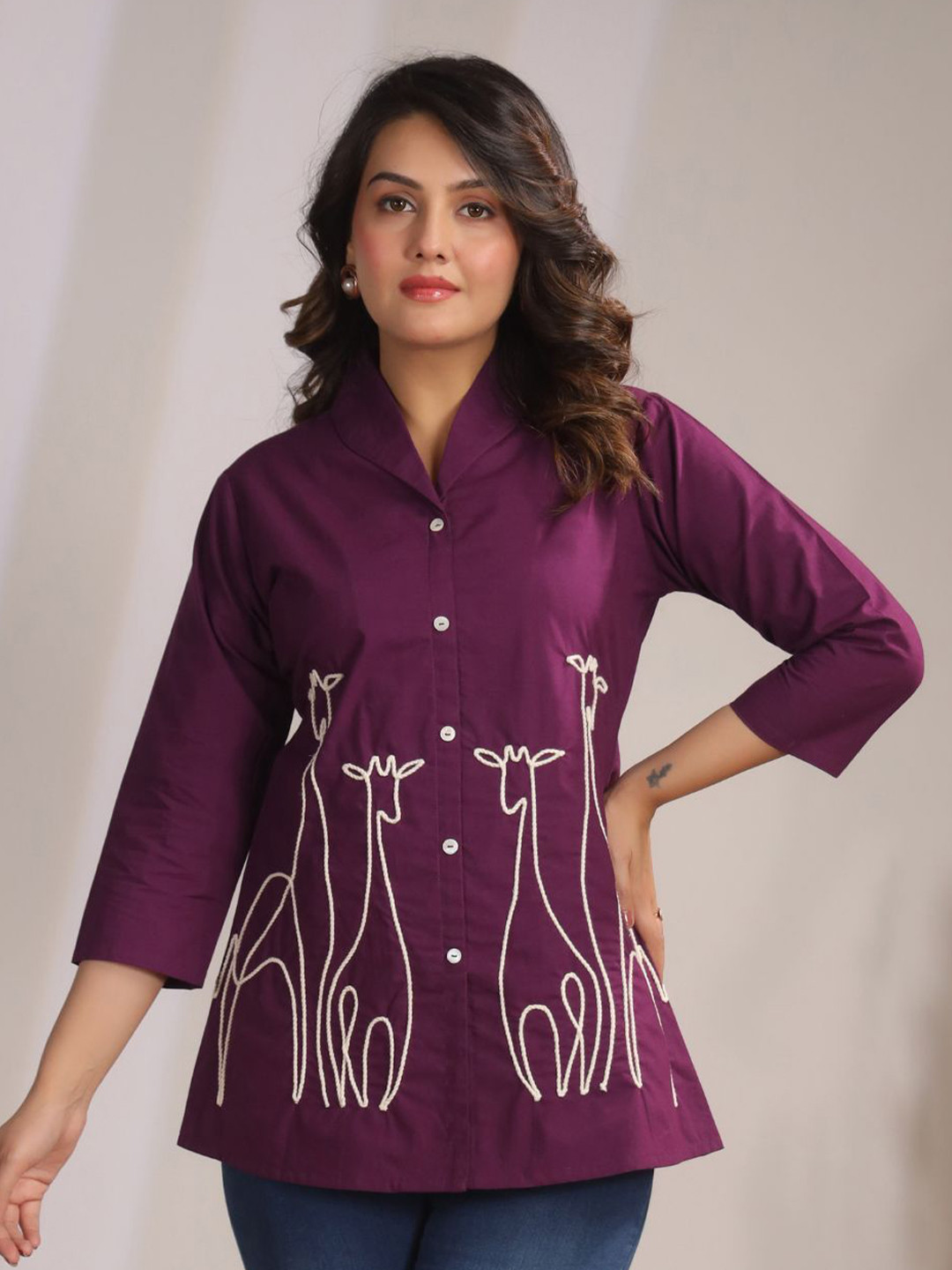 Kaftanize Women Bold Animal Motiff Cord Work Detail Tunic In Dark Purple Cotton Cambric