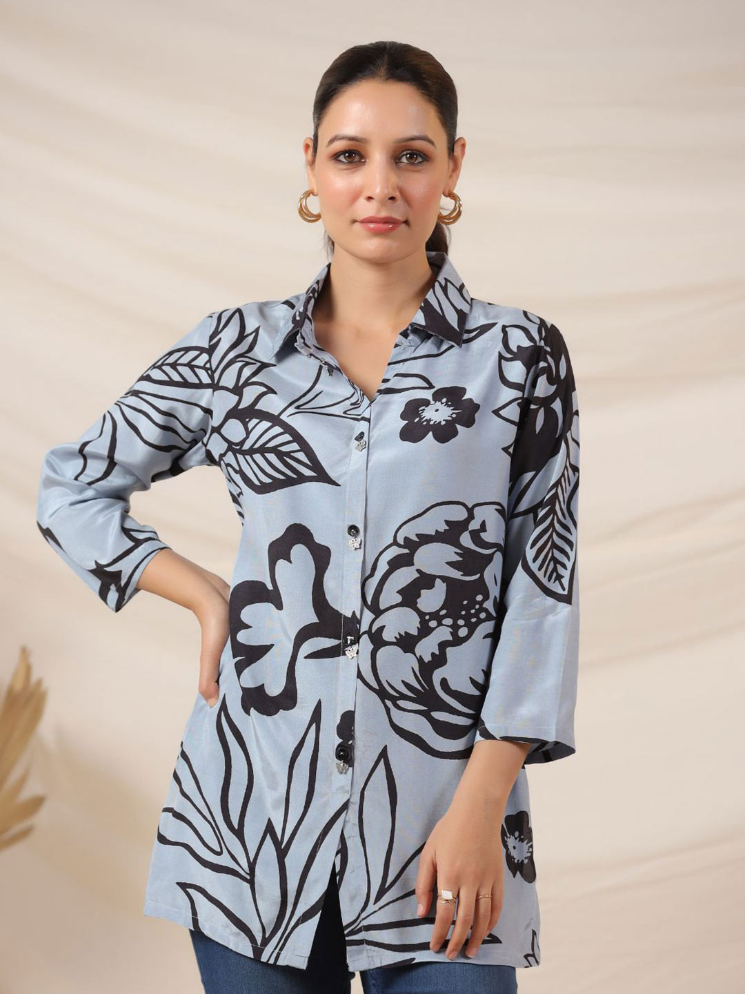 Kaftanize Iceberg Blue Bold Floral Shirt Top in Russian Silk