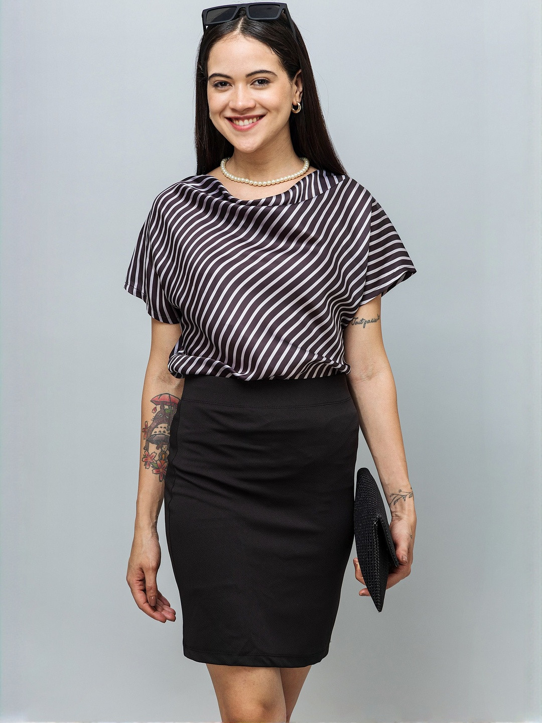 PURYS WORKSPACE Striped Cowl Neck Satin Top