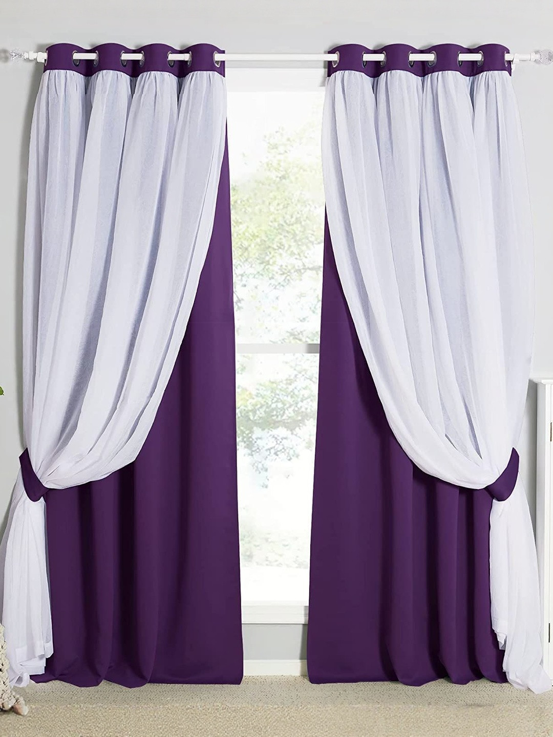 BFAM Purple & White 2 Pieces Thermal Insulated Black Out Window Curtains
