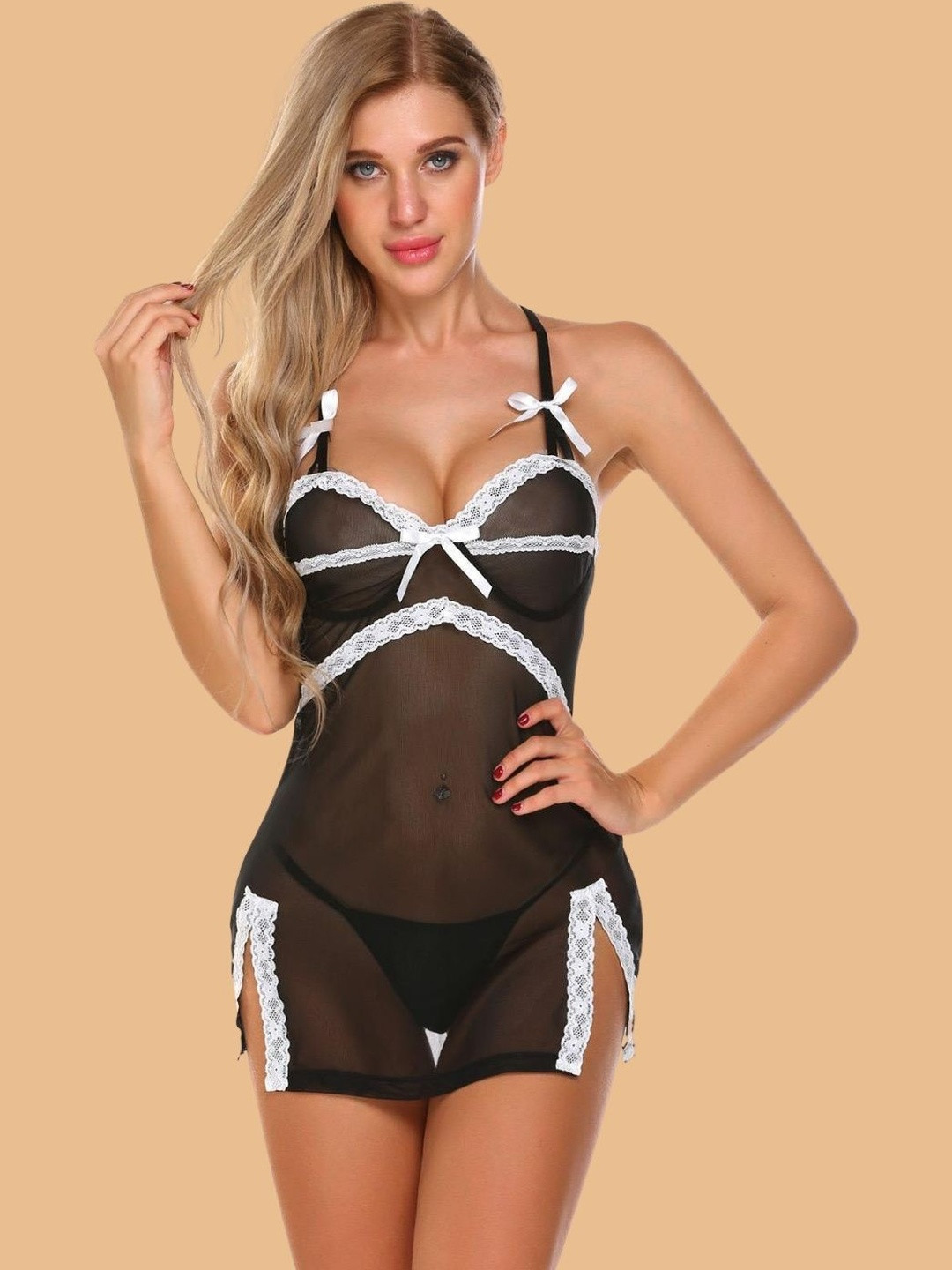 ZERJAMA Women Shoulder Straps Racerback Lace Babydoll Dress with Matching Panty