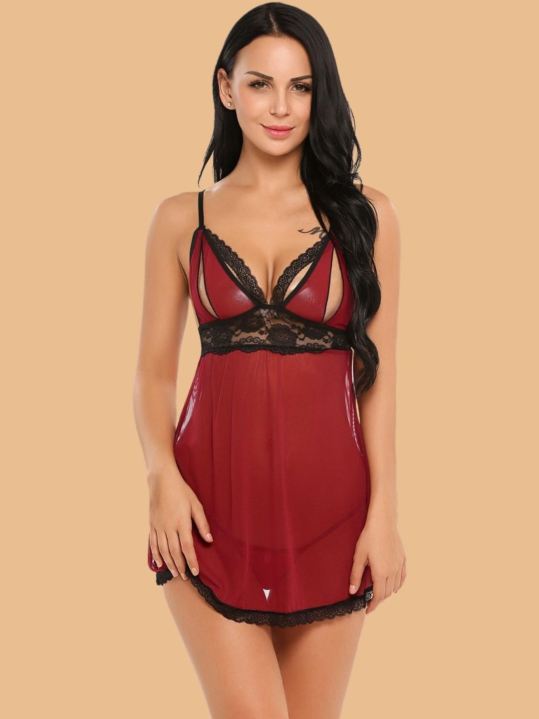 ZERJAMA Women Self Design V-Neck Straight Straight Baby Doll Dress with Matching Panty