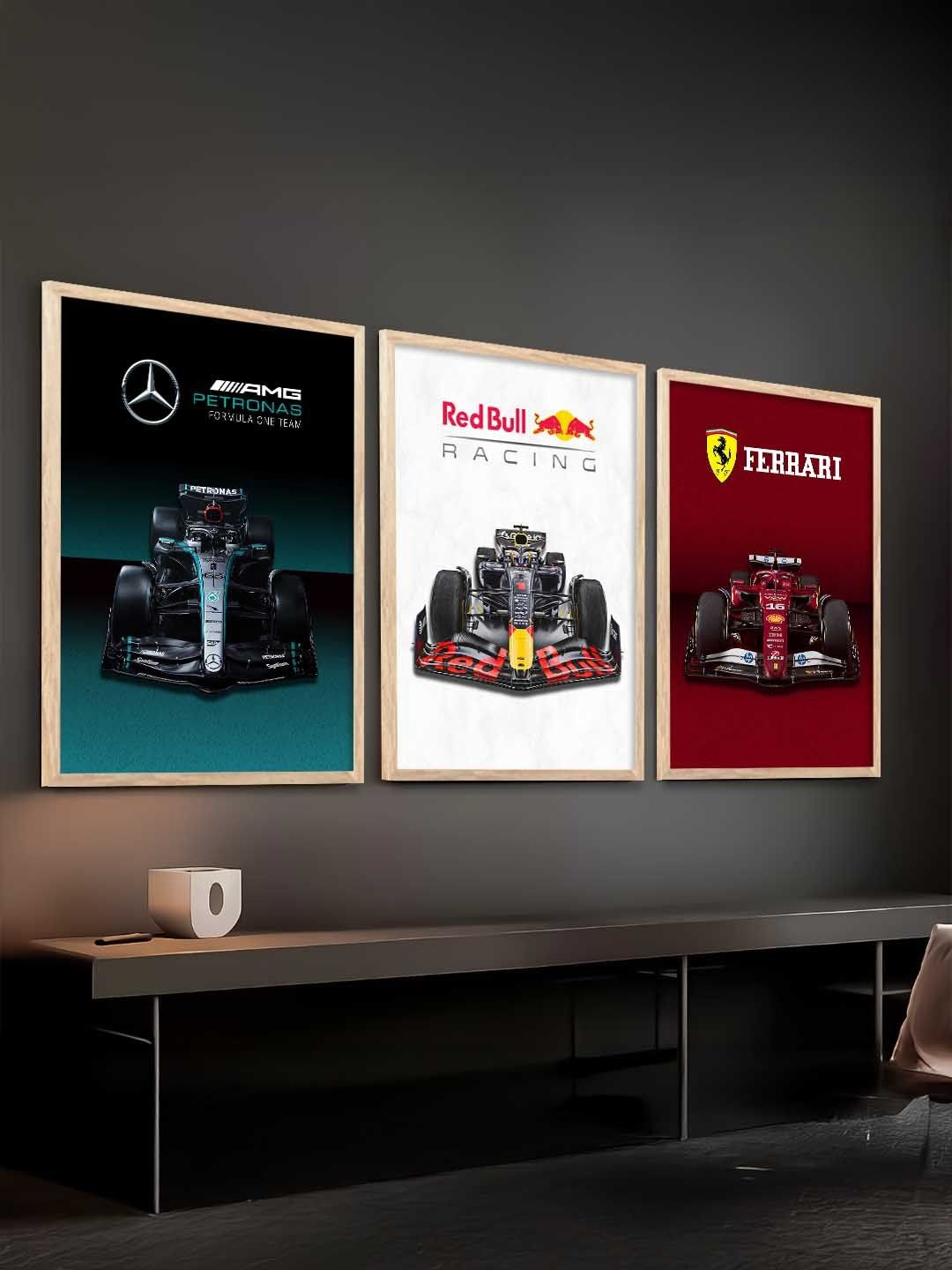 WALLLANE Black & Red 3 Pieces Wooden Sports Car Framed Wall Photographs