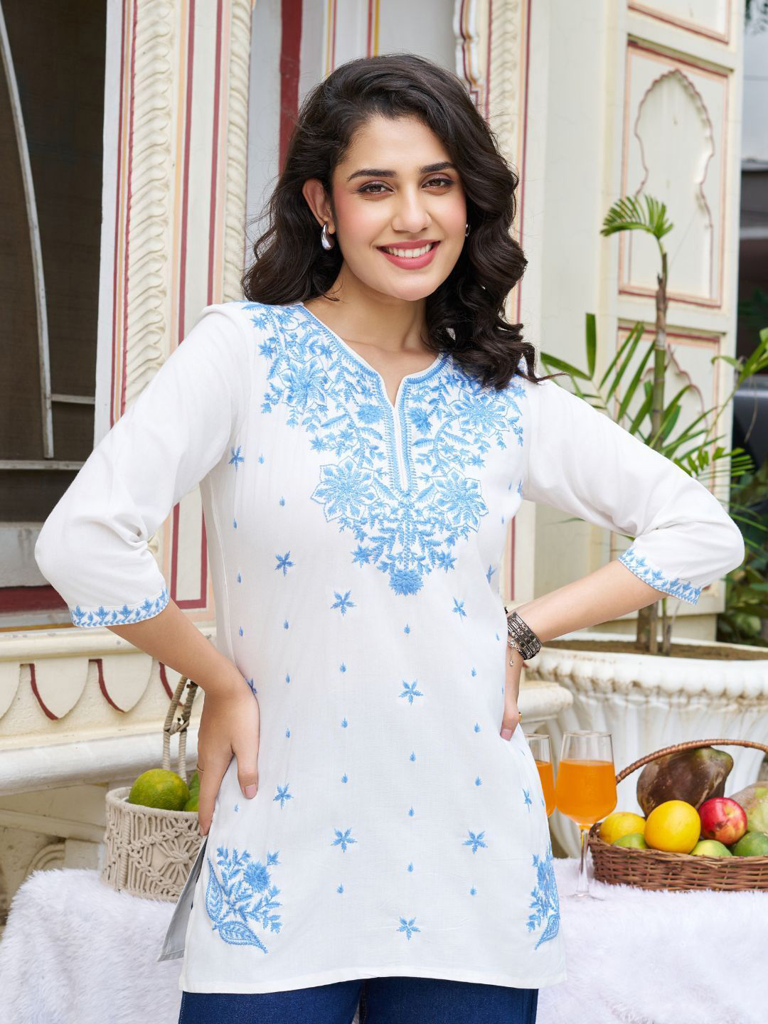Kaftanize Women White Color Chikankari Short Kurti With Blue Embroidery