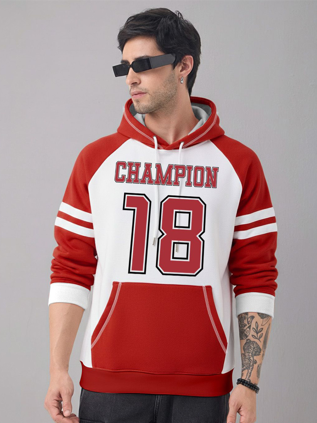 Crazymonk Men Red & White OG Champ Oversized Hoodie