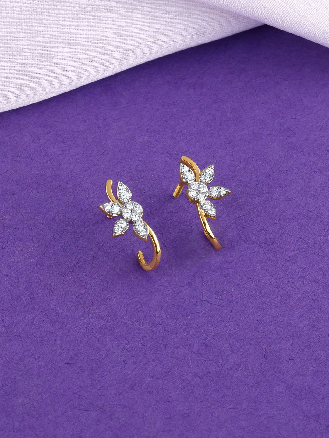 GIVA Gold Leafy J Hoop Diamond Earrings-1.66 gms