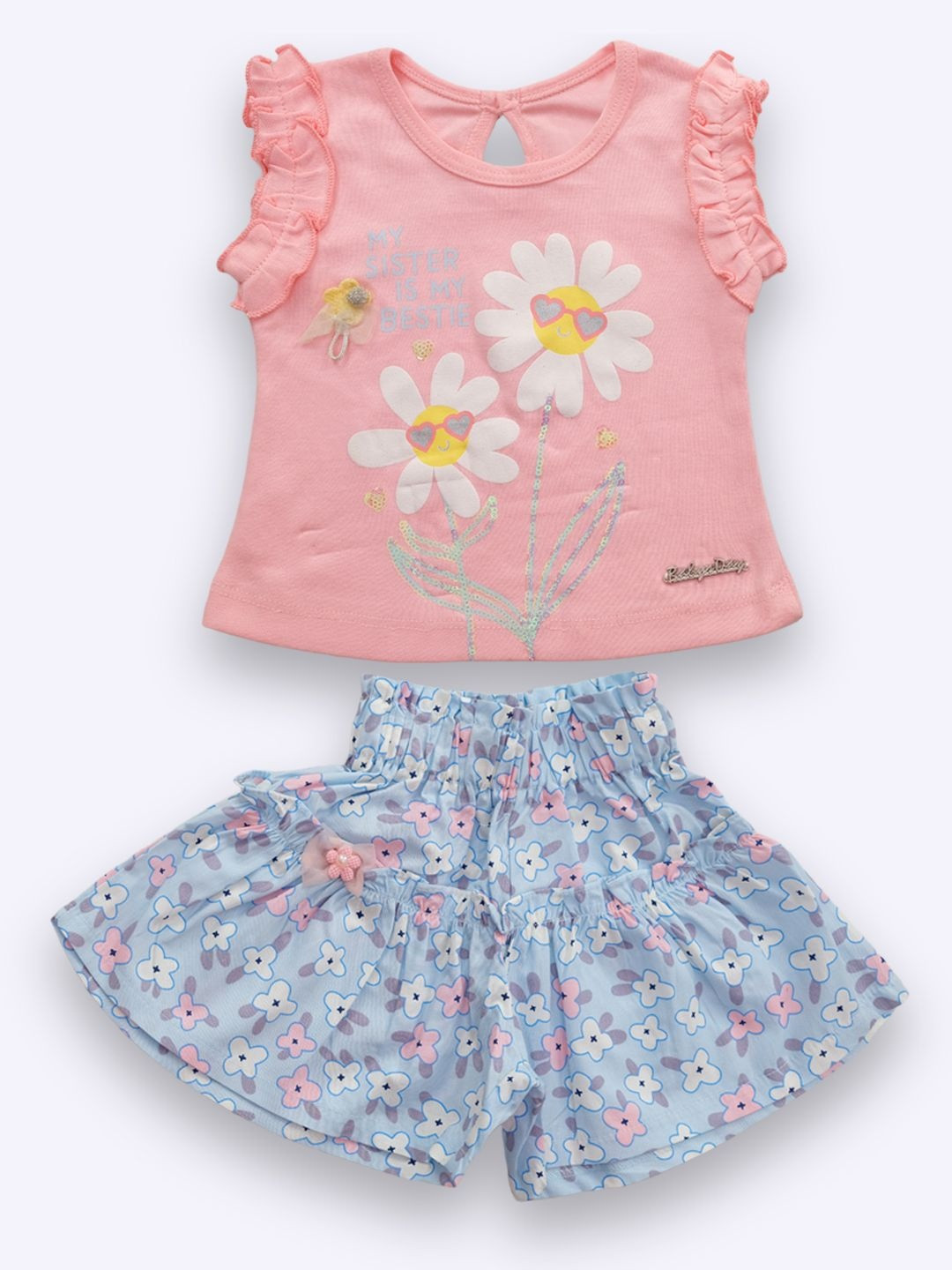 YK x Nice Kidz Girls Floral Puff Printed Pure Cotton Top With Shorts
