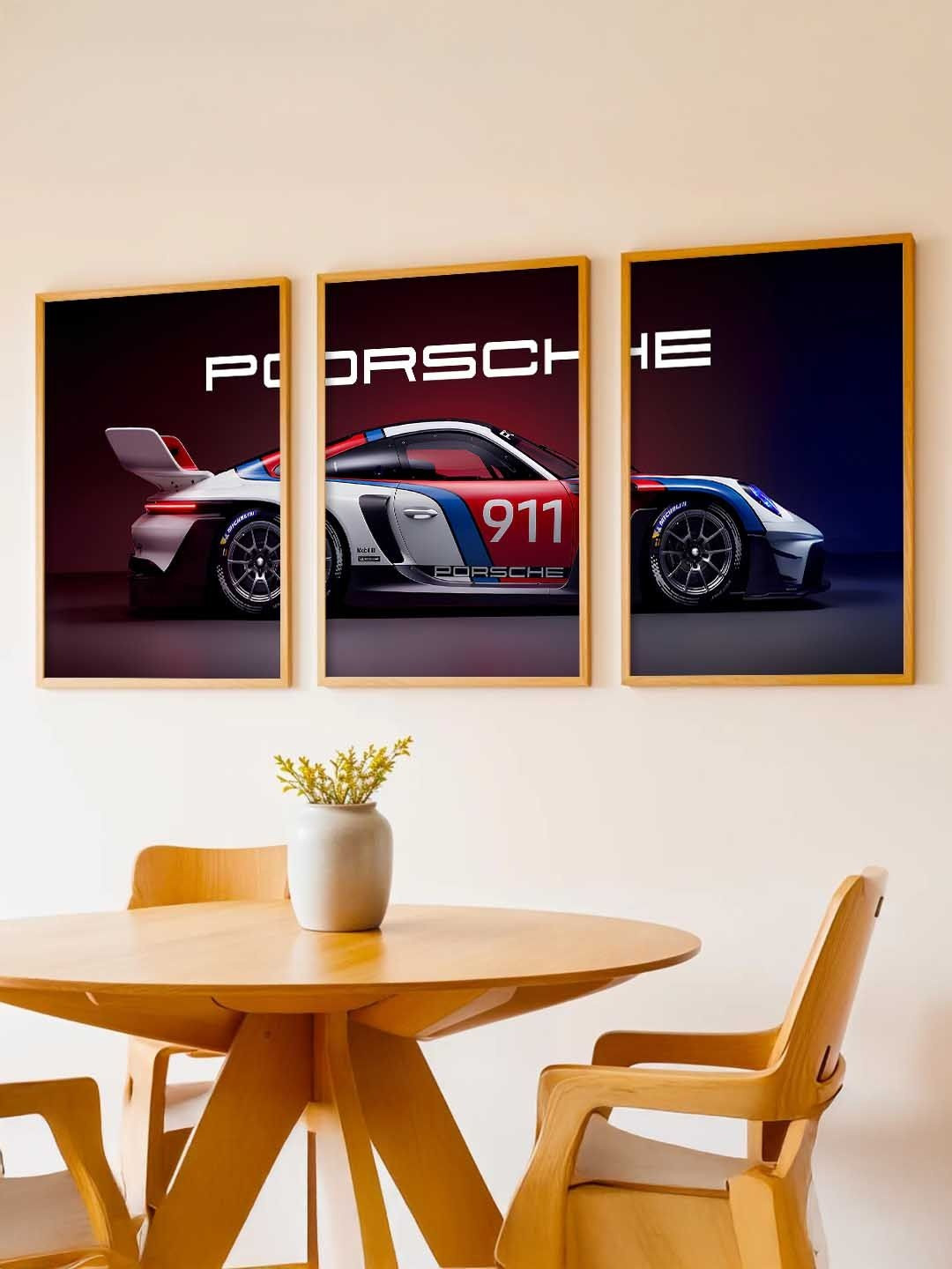 WALLLANE Red And White 3 Pieces Wooden Sports Car Framed Wall Photographs