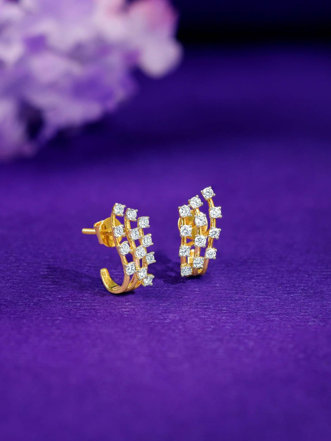 GIVA 18KT Gold Moonlit Waves J Hoop Lab Grown Diamond Earrings-2.362 gms