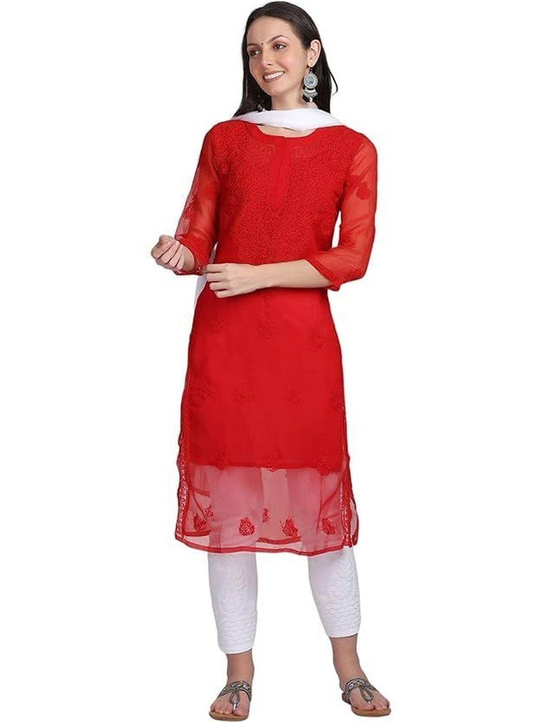 pkz lucknawi chikan Floral Embroidered Chikankari Pure Cotton Kurta With Churidar &Dupatta