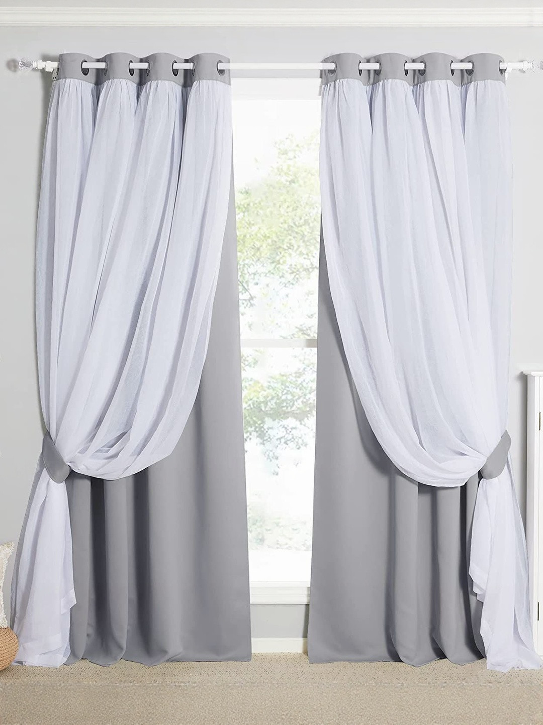 BFAM Grey & White 2 Pieces Thermal Insulated Black Out Long Door Curtains