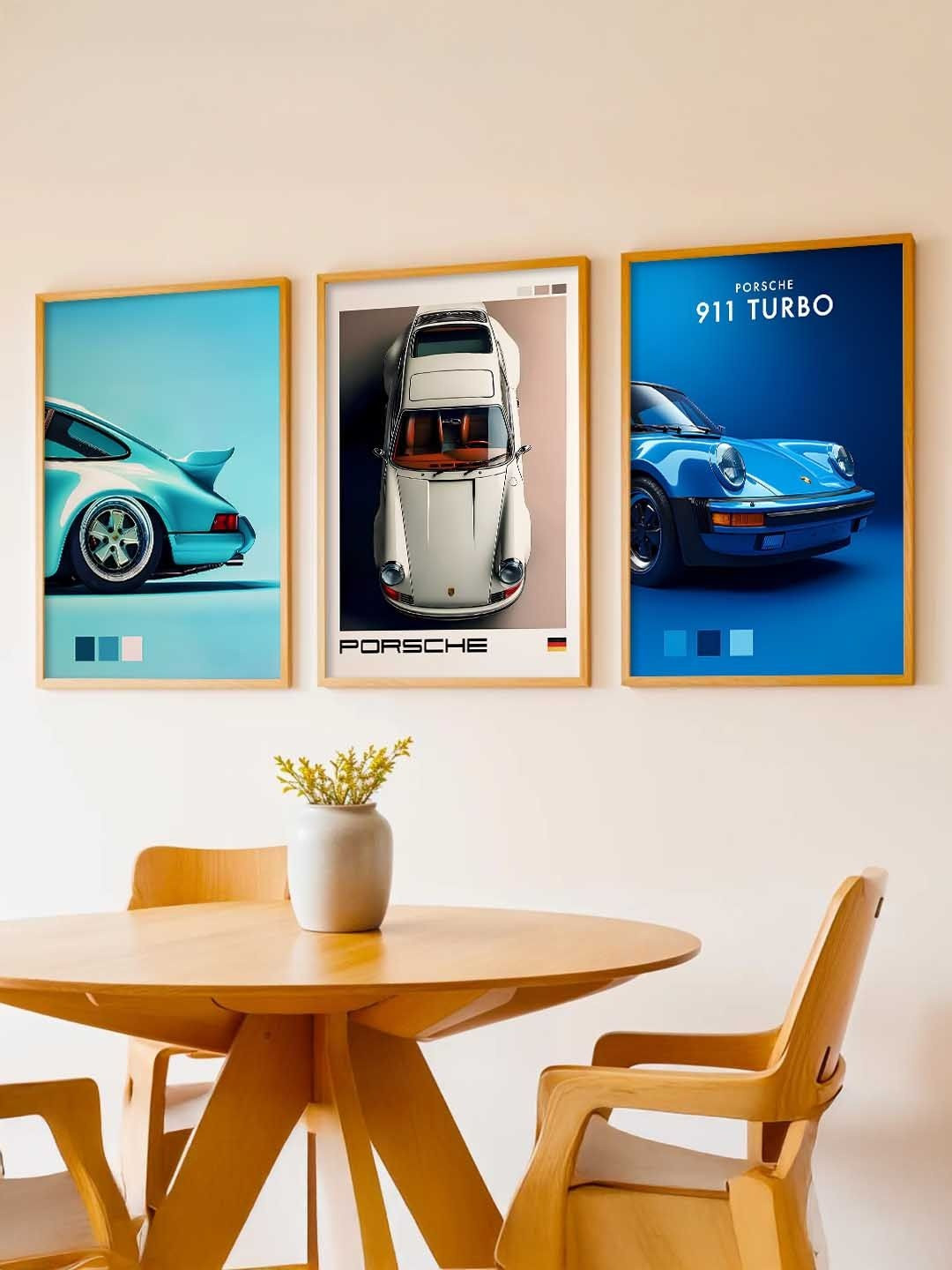 WALLLANE Blue And White 3 Pieces Wooden Sports Car Framed Wall Photographs