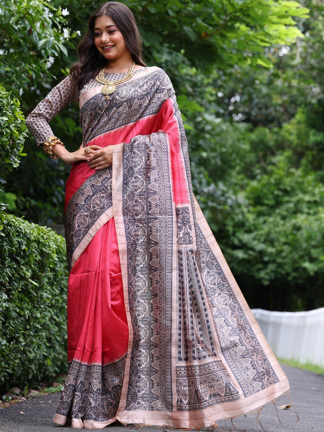 Peach Petals Solid Ikat Saree With Woven Design Border