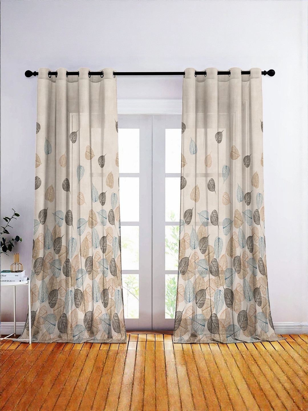 CASABLEU Eton Orange Colored & Grey 2 Pieces Floral Printed Sheer Door Curtains