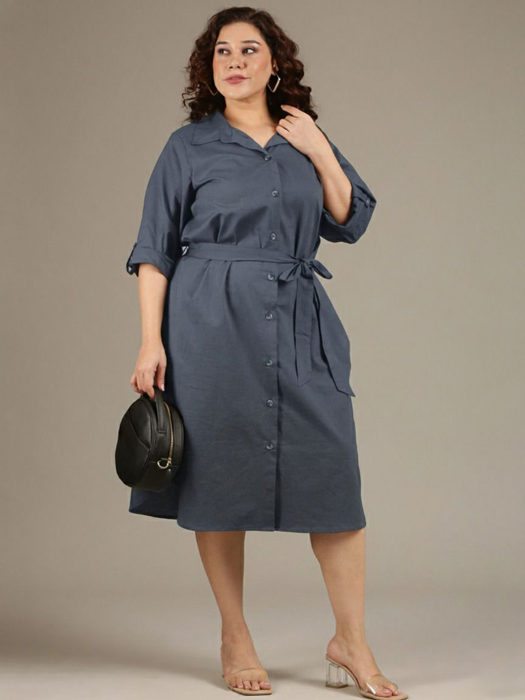 The Pink Moon Women Plus Size Oxford Roll-Up Sleeves Formal Cotton Shirt Midi Dress