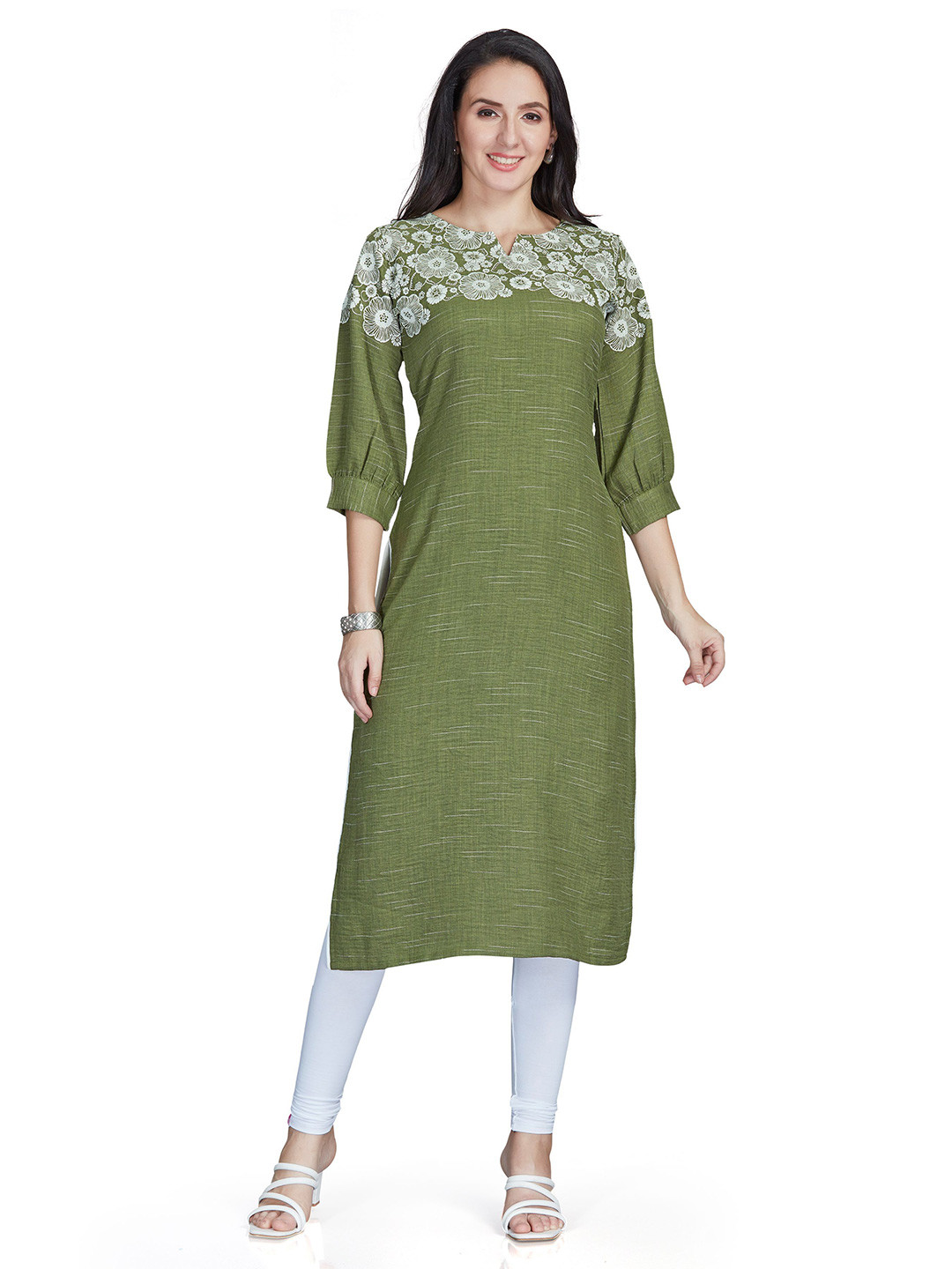 Nioni Women Solid Linen Slub Kurti with Floral Print