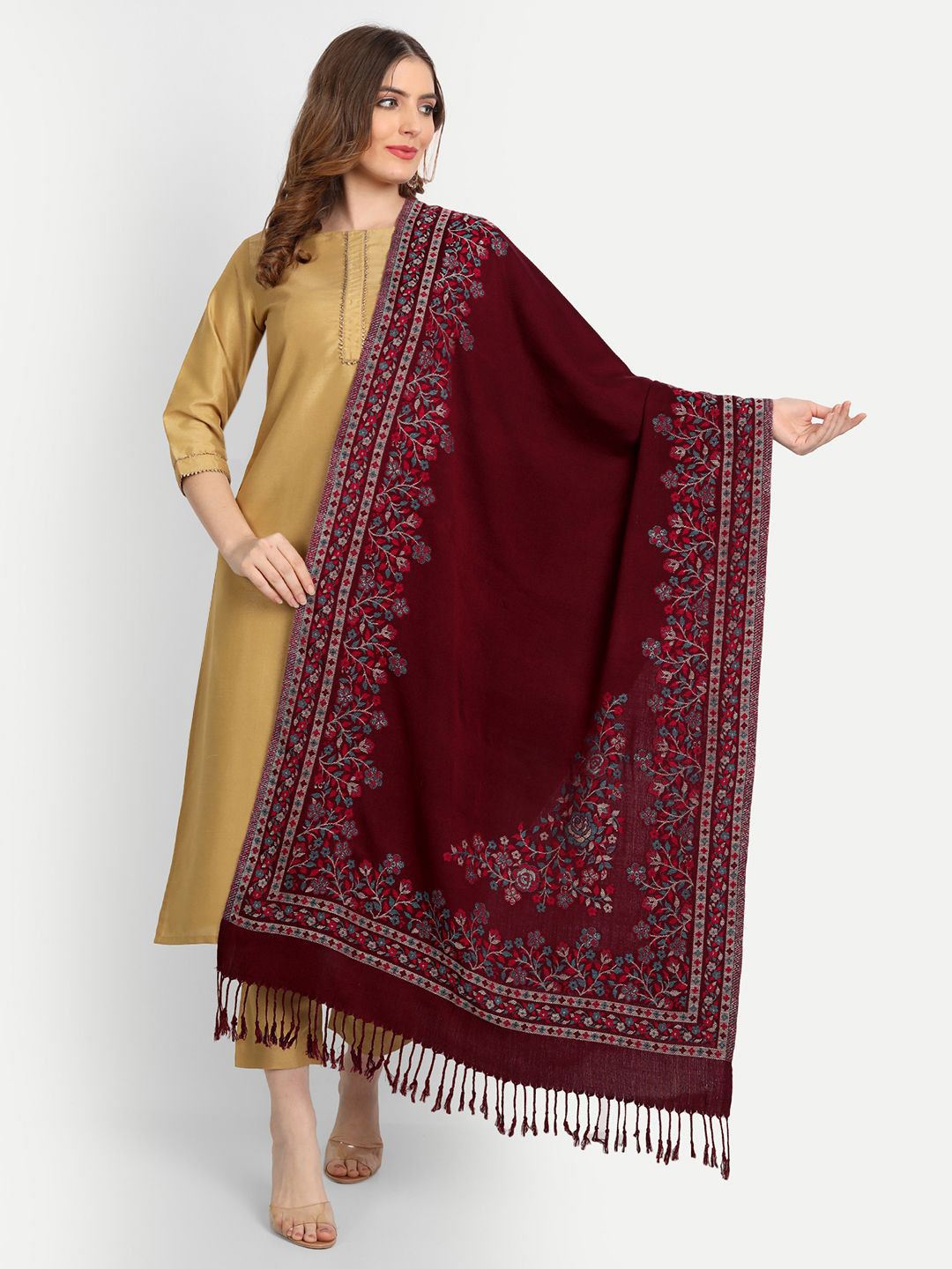 Hemkunt Fabric Women Floral Woven Design Pashmina Wool Stole with Tasselled Border