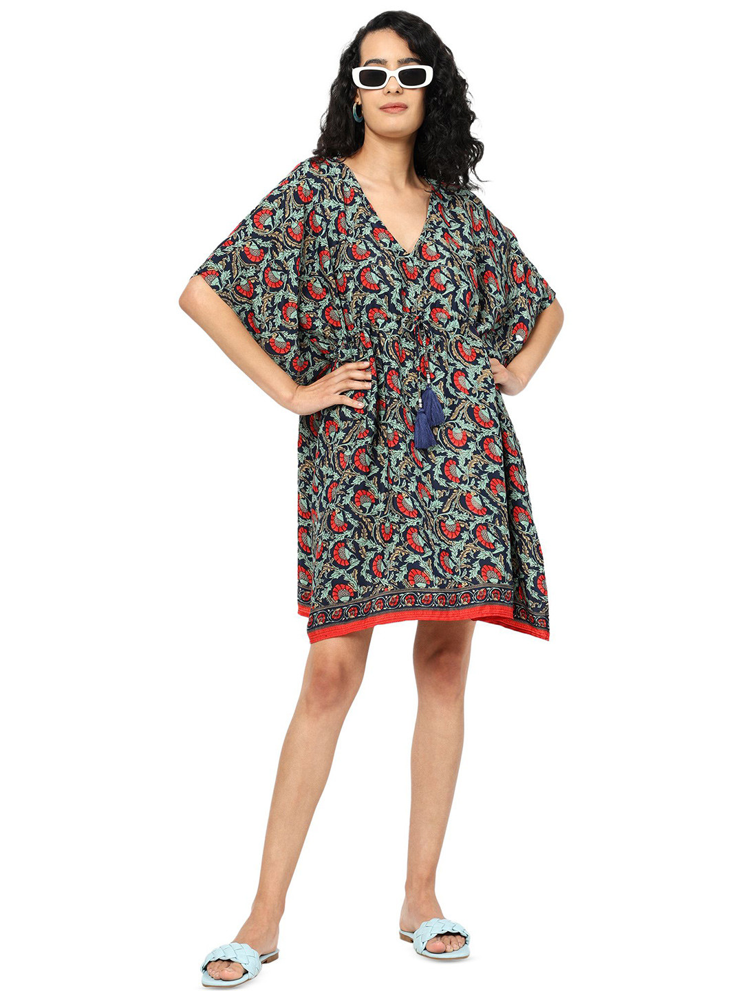 GALE GIRLS Floral Print Kimono Sleeve Kaftan Mini Dress