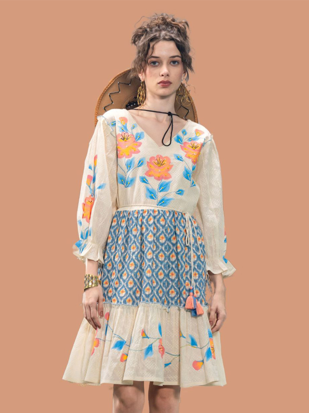 Kaftanize bold floral hand painted tired ruffle lace detailed beaded cotton mini dress