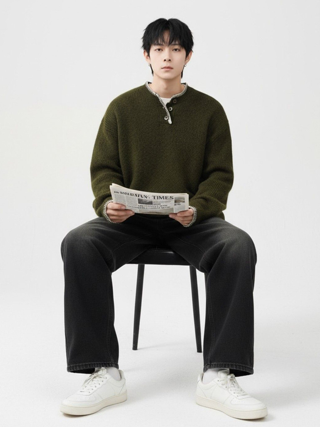 Mast & Harbour Men Ribbed Henley Neck Long Sleeves Pullover Sweater