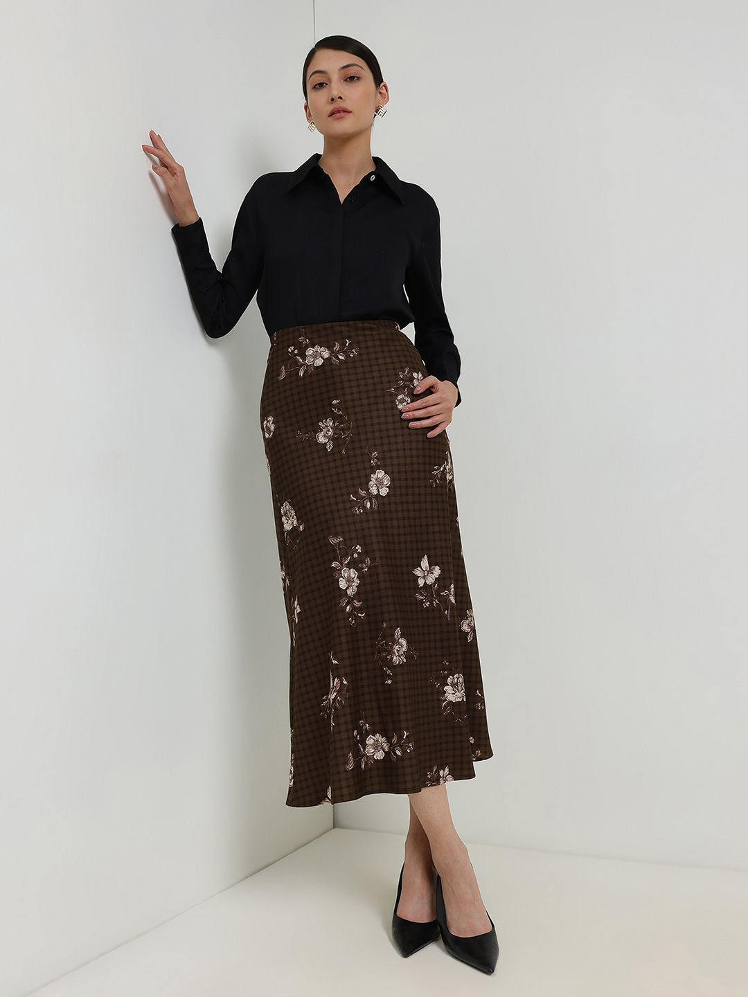 FABLE STREET Flral Printed & Checked Pure Cotton A-Line Skirt