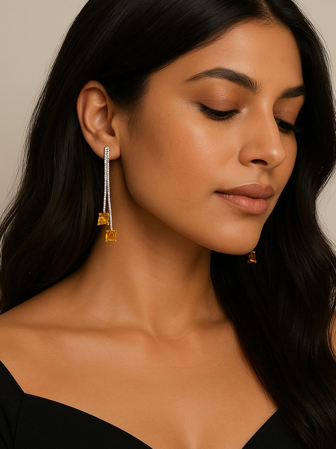 ShopSiiri Cocktail Citrine Silver-Plated Stones Studded Drop Earrings