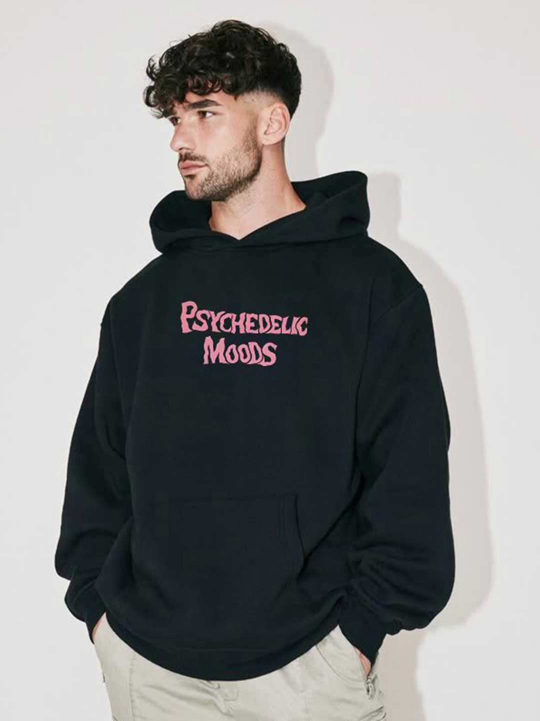 AUVRA Men Black Fleece Long Sleeves Printed Hooded Sweatshirt