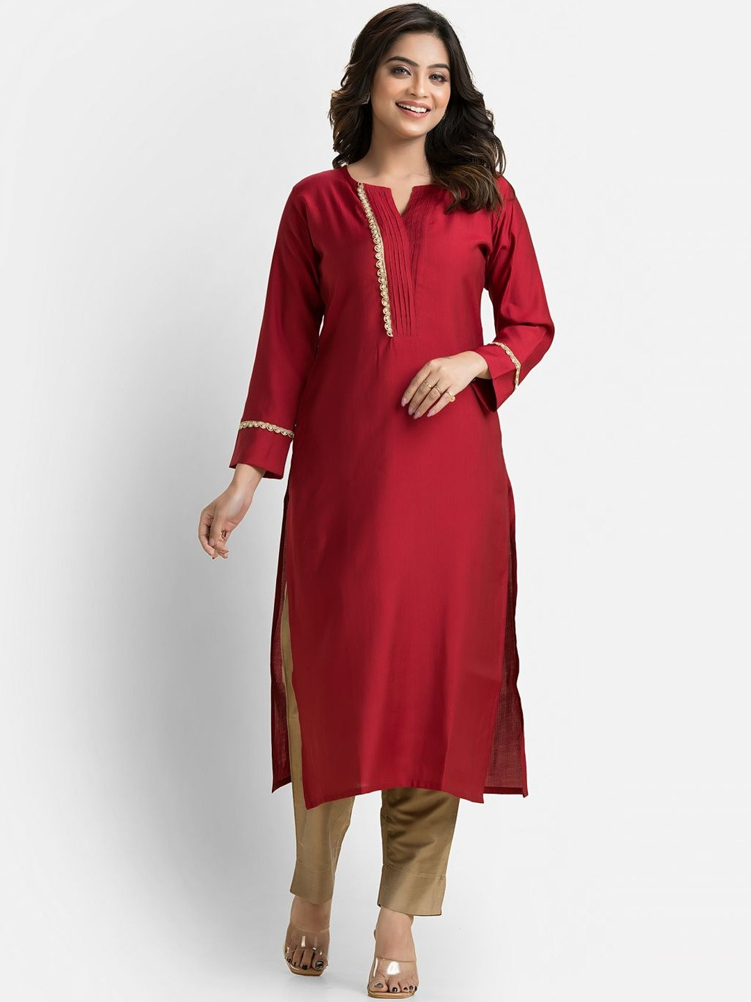 Crazy Needle Notch Neck Three-Quarter Sleeves Pure Silk Straight Kurta