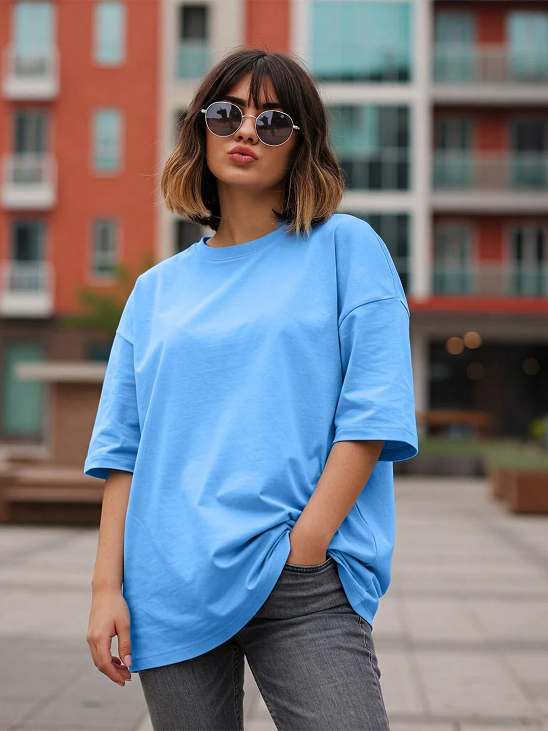 JUNEBERRY Women Azure Blue Solid Bio Finish Relaxed Fit Pure Cotton Oversized T-Shirt