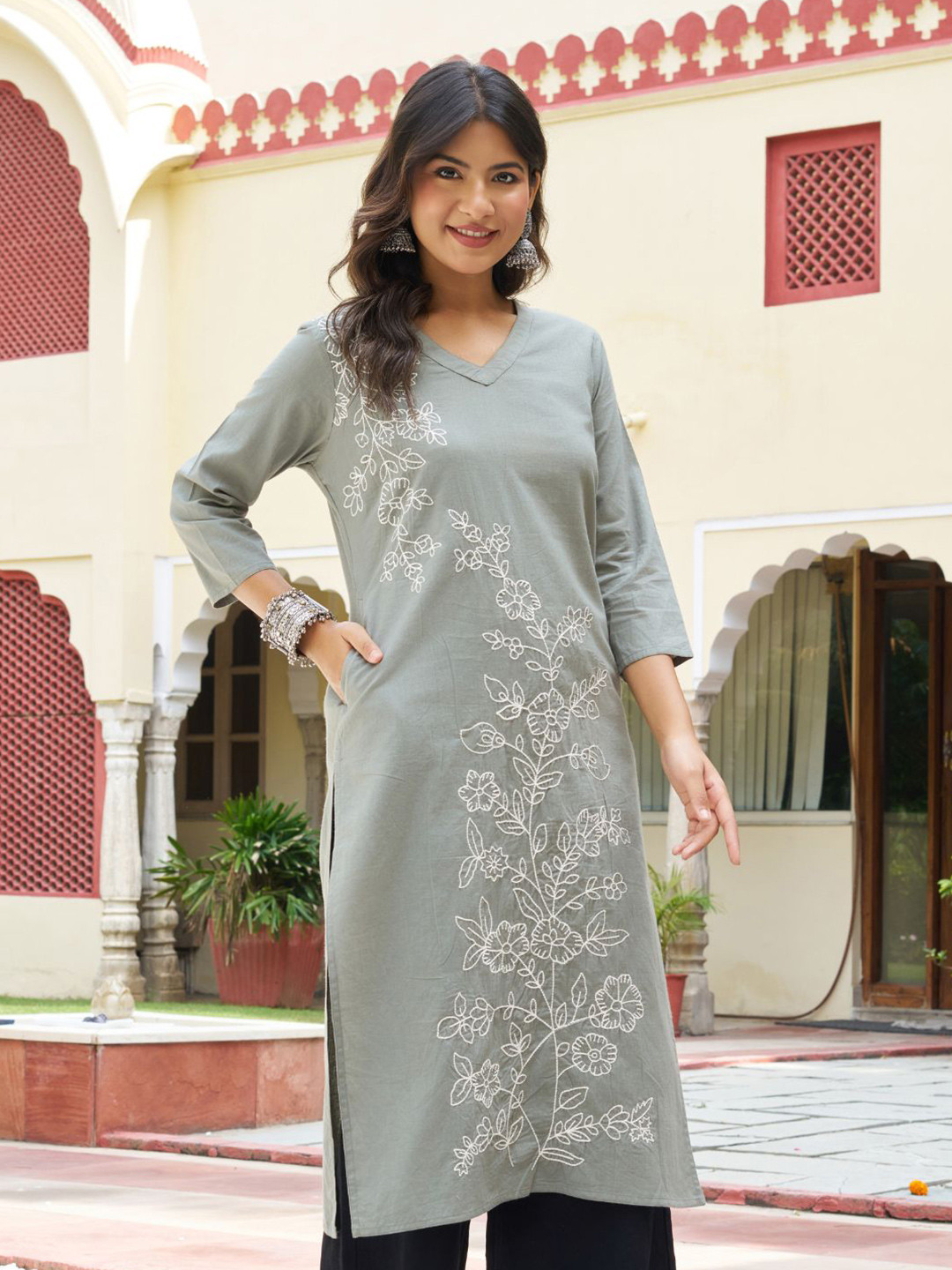 Kaftanize Grayish Olive Base Color With Delicate White Floral Embroidery Ethnic kurta