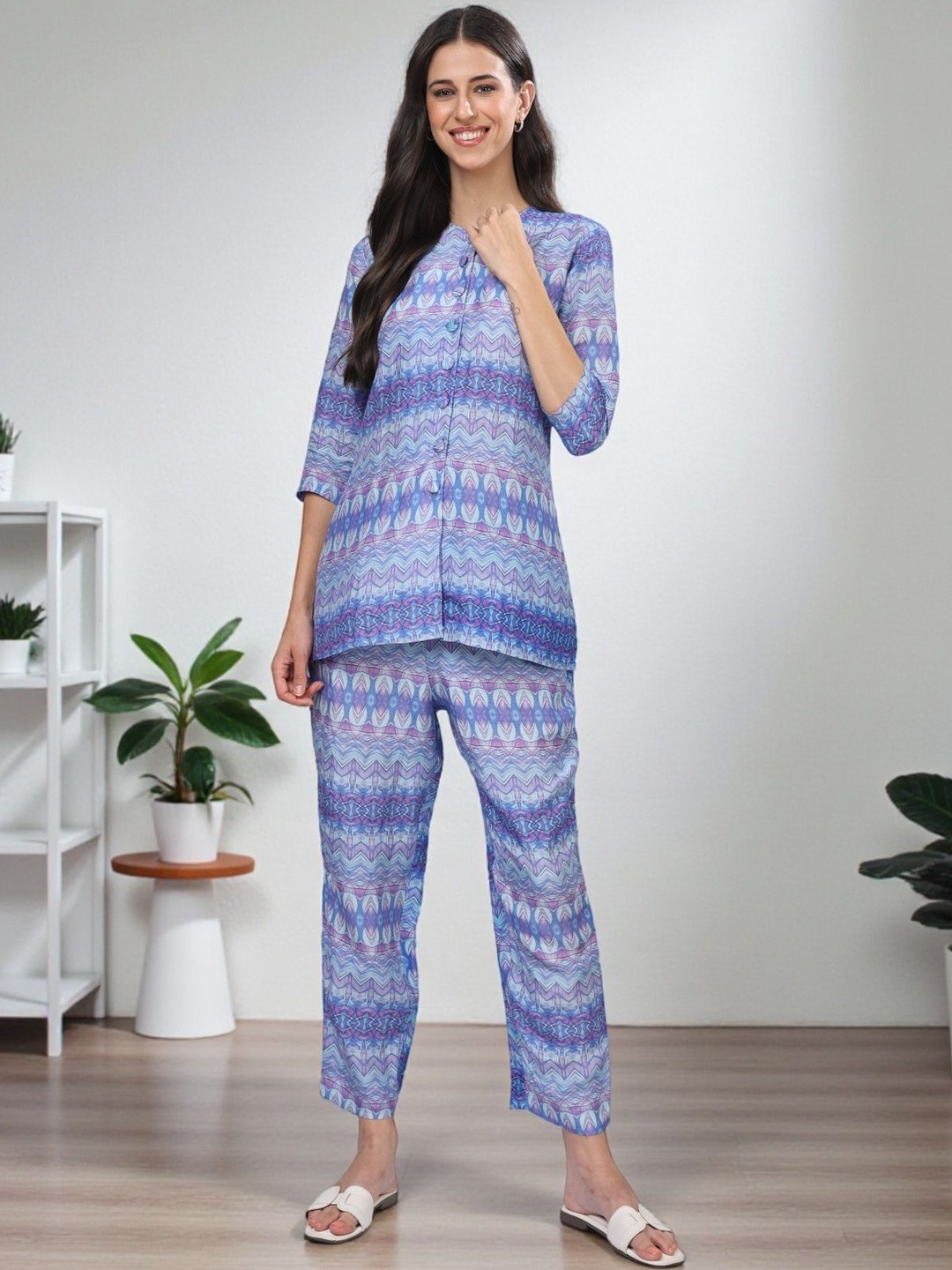 hazelglow Printed Pure Linen Silk Shirt With Trouser