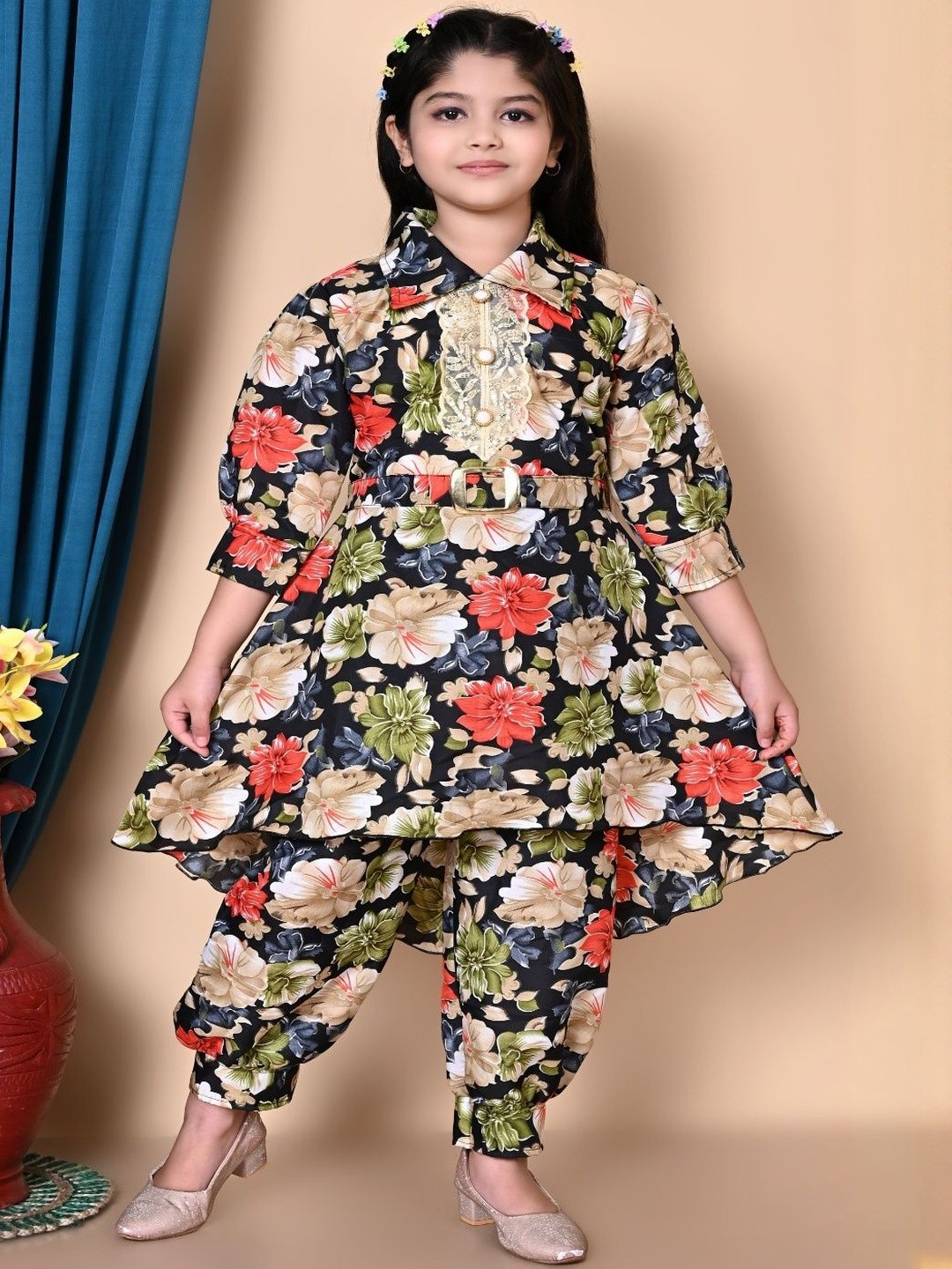 LUTFORA Girls Floral Printed Tunic With Dhoti Pants