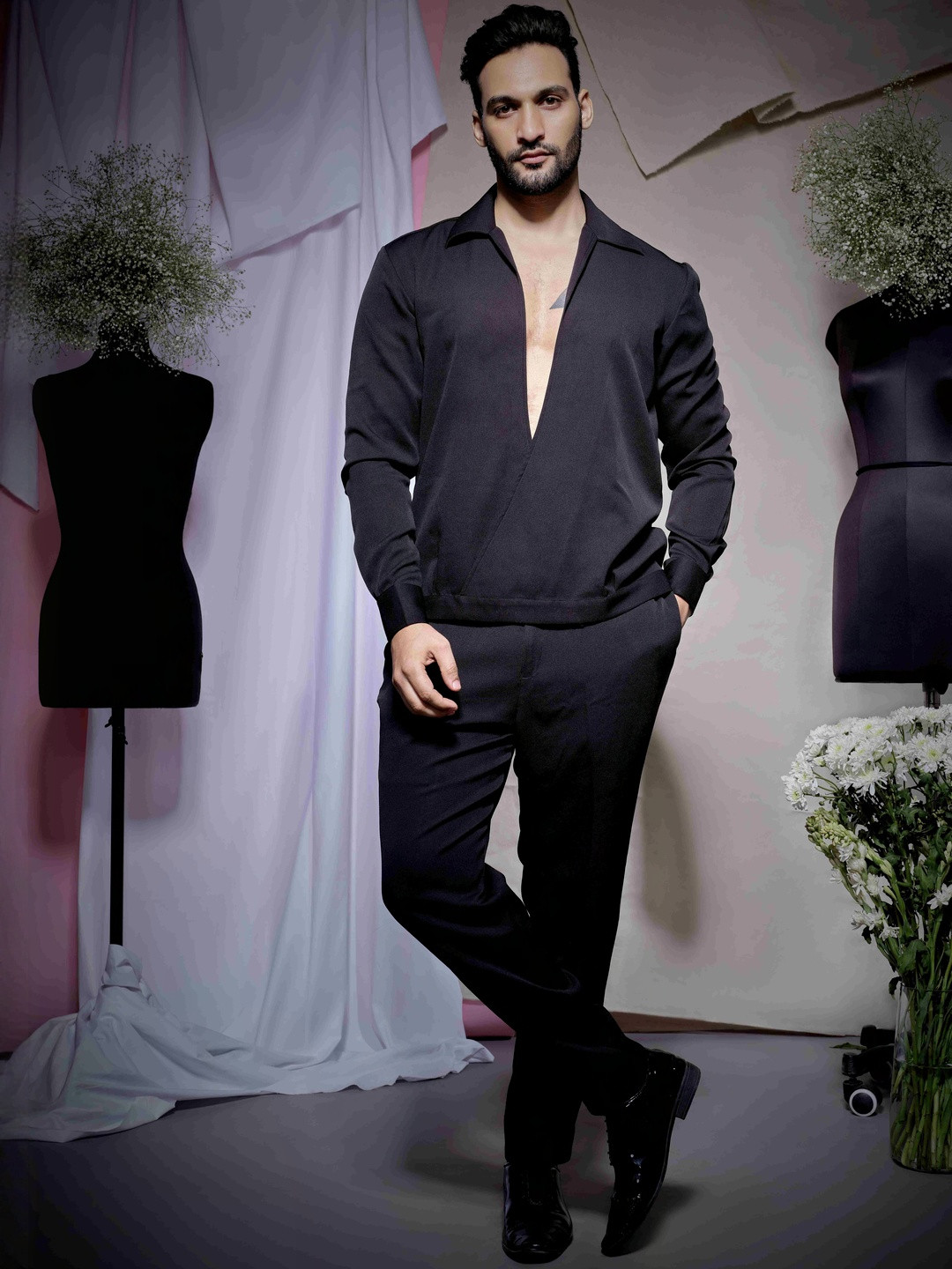 ECHKE Shimmering Scuba Shirt Collar Shirt With Trousers & Jacket