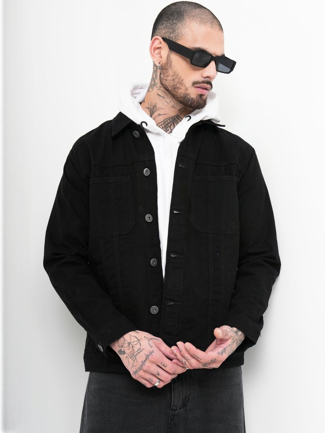PAUL STREET Men Spread Collar Solid Lightweight Denim Jacket