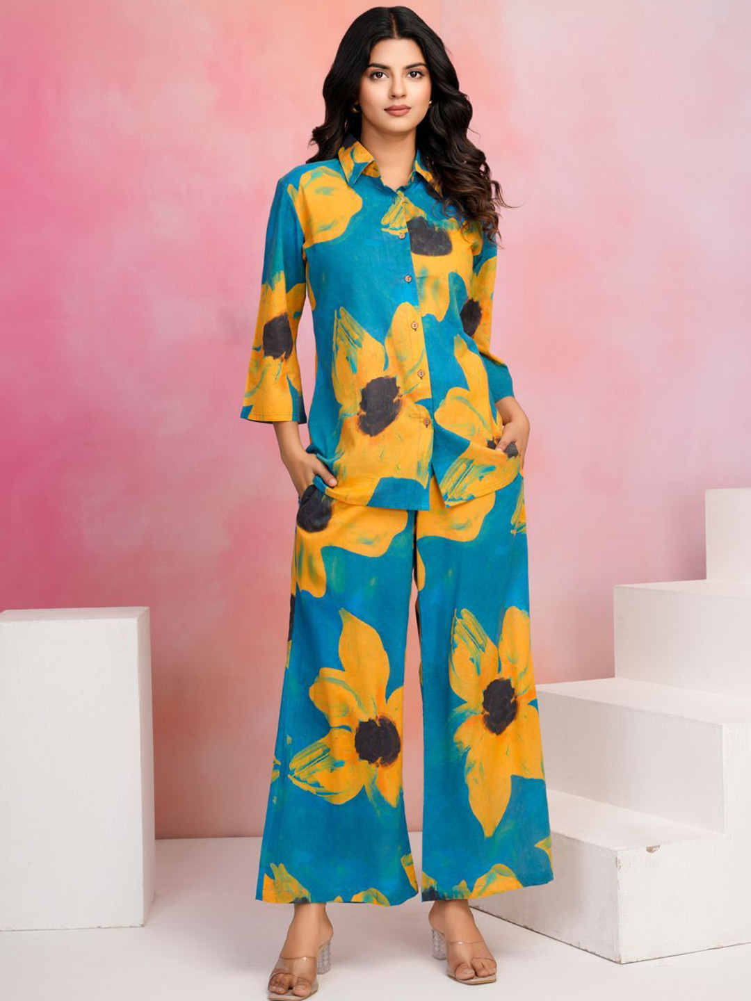 Kaftanize Women Blue Floral Printed Co-Ords